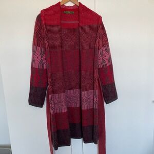 Vintage Ollily Women's Knit Cardigan‎ Sweater Belted Geometric Pattern Red M